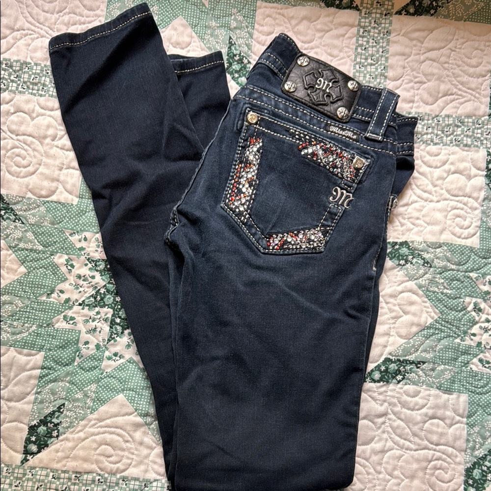 Miss Me Signature Blue Skinny Jeans with Embroidered Back